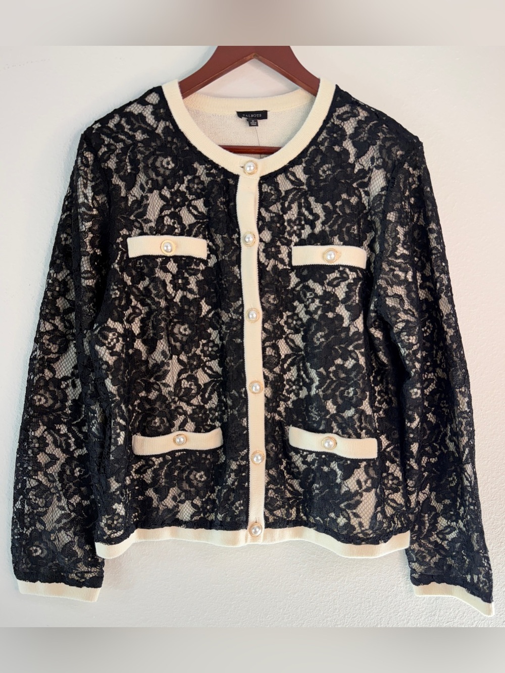 Talbots Black Floral Lace Cardigan Sweater Wool Blend Pearl Button Prep Chic NWT